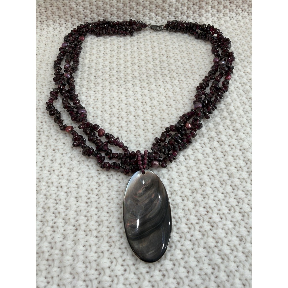 925 Sterling Silver Garnet Chip Pearl Mother of Pearl Pendant Necklace 19"